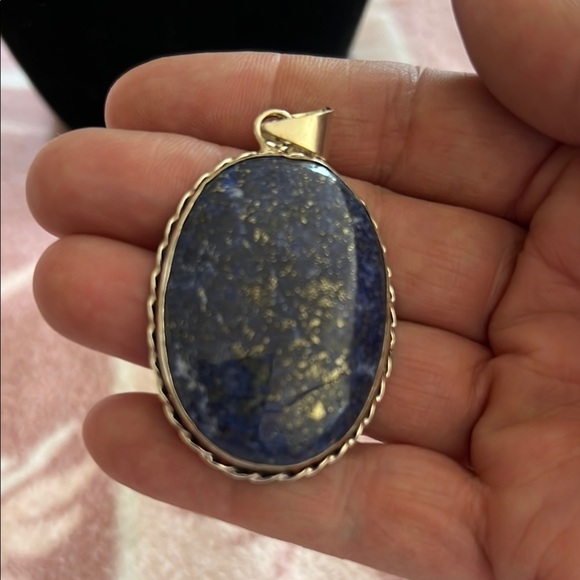 Jewelry - Lapis Lazuli Oval Pendant with Gold Pyrite Flecks – Sterling plated Rope Setting